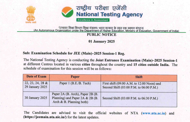 official notification of jee main 2025 exam schedule