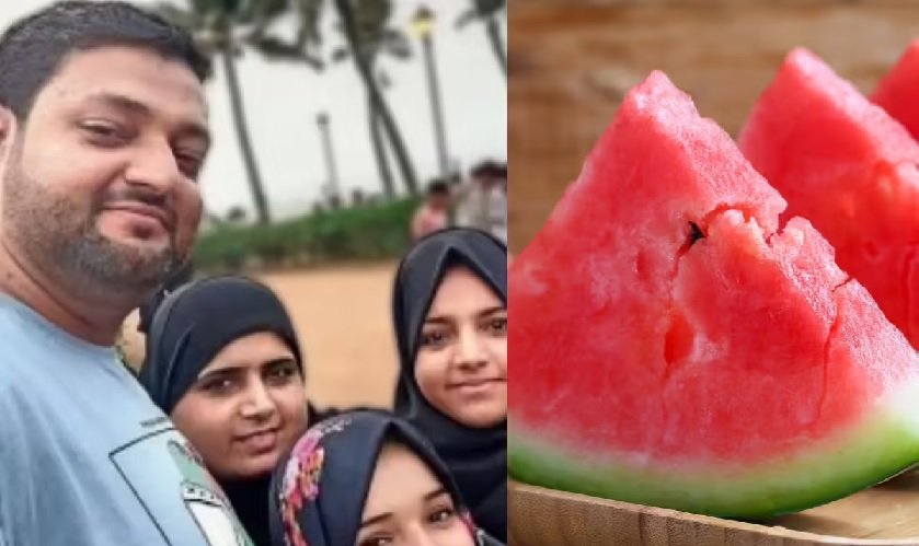 Family of four linked to Mumbai watermelon deaths case beside image of sliced watermelon