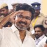 Vijay salutes supporters after TVK’s strong performance in the Tamil Nadu Assembly election results 2026