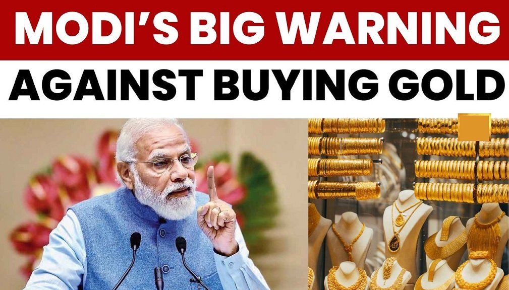 Prime Minister Narendra Modi speaking beside stacked gold jewellery and coins during warning on reducing gold purchases amid economic pressure