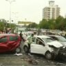 Damaged cars after a major road accident at JDA Circle in Jaipur as the city records over 1,000 road deaths in 2024.