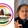 Shashi Tharoor speaking beside Cockroach Janta Party logo in viral social media graphic about X account block.