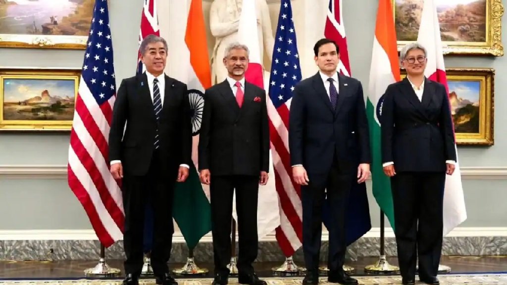 Quad leaders pose during a diplomatic meeting focused on Indo-Pacific cooperation and regional security.