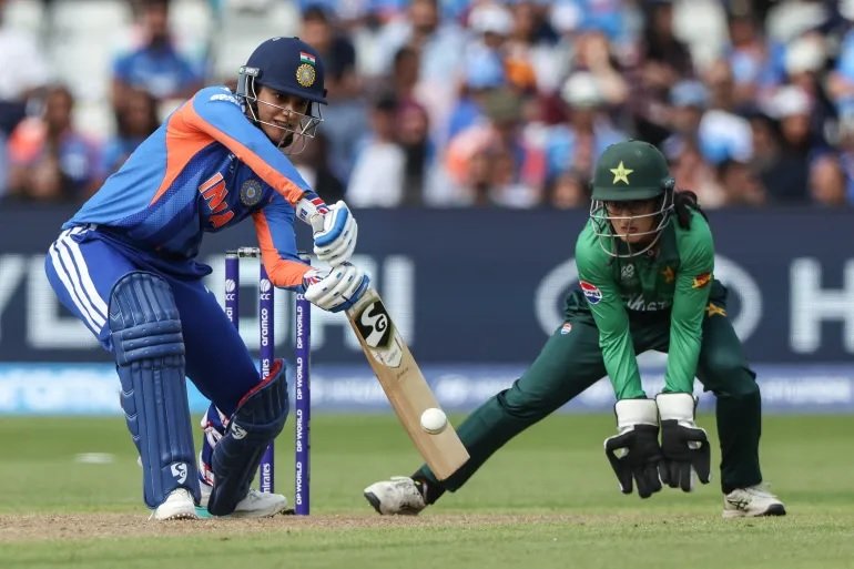 India batter Smriti Mandhana plays a shot during the Women's T20 World Cup match against Pakistan at Edgbaston in Birmingham on June 14, 2026.