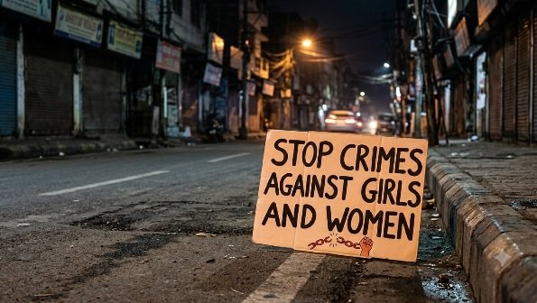Placard reading "Stop Crimes Against Girls and Women" on a street symbolising outrage over the Sri Ganganagar minor rape case in Rajasthan.
