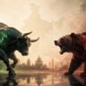 Bull and bear figures facing off beside a NIFTY open interest chart ahead of weekly expiry trading.
