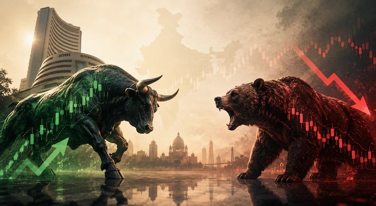 Bull and bear figures facing off beside a NIFTY open interest chart ahead of weekly expiry trading.