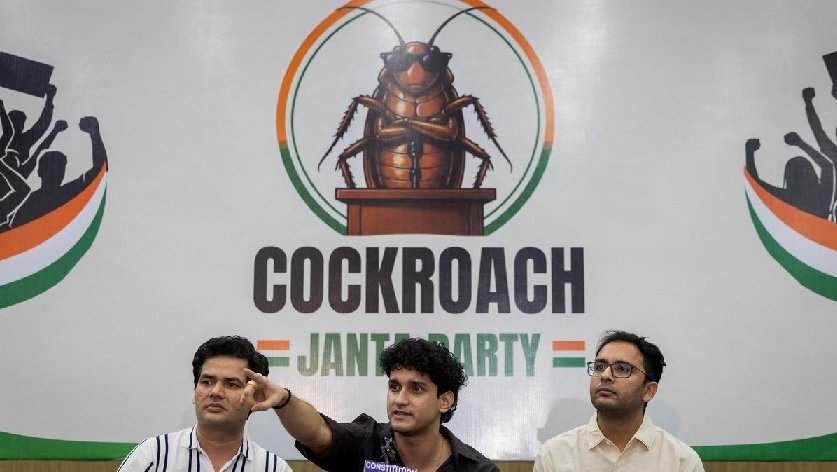 Cockroach Janta Party leaders address a press conference in New Delhi ahead of the June 6 protest.