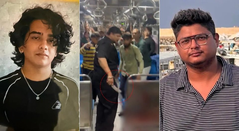 Police and commuters inside a Mumbai local train after a 22-year-old passenger was fatally stabbed following a dispute over a coach door during heavy rain.
