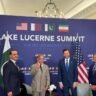 US Vice President JD Vance, Pakistan Prime Minister Shehbaz Sharif and Qatar Prime Minister Sheikh Mohammed bin Abdulrahman Al Thani at the Lake Lucerne Summit in Bürgenstock, Switzerland