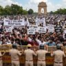 NEET paper leak protesters gather near India Gate in New Delhi demanding examination reforms and accountability.