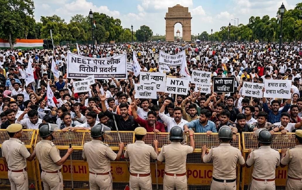 NEET paper leak protesters gather near India Gate in New Delhi demanding examination reforms and accountability.