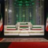 Flag-draped coffins of Ayatollah Ali Khamenei and his 14-month-old granddaughter Zahra Mohammadi Golpayegani displayed during the state funeral in Tehran.