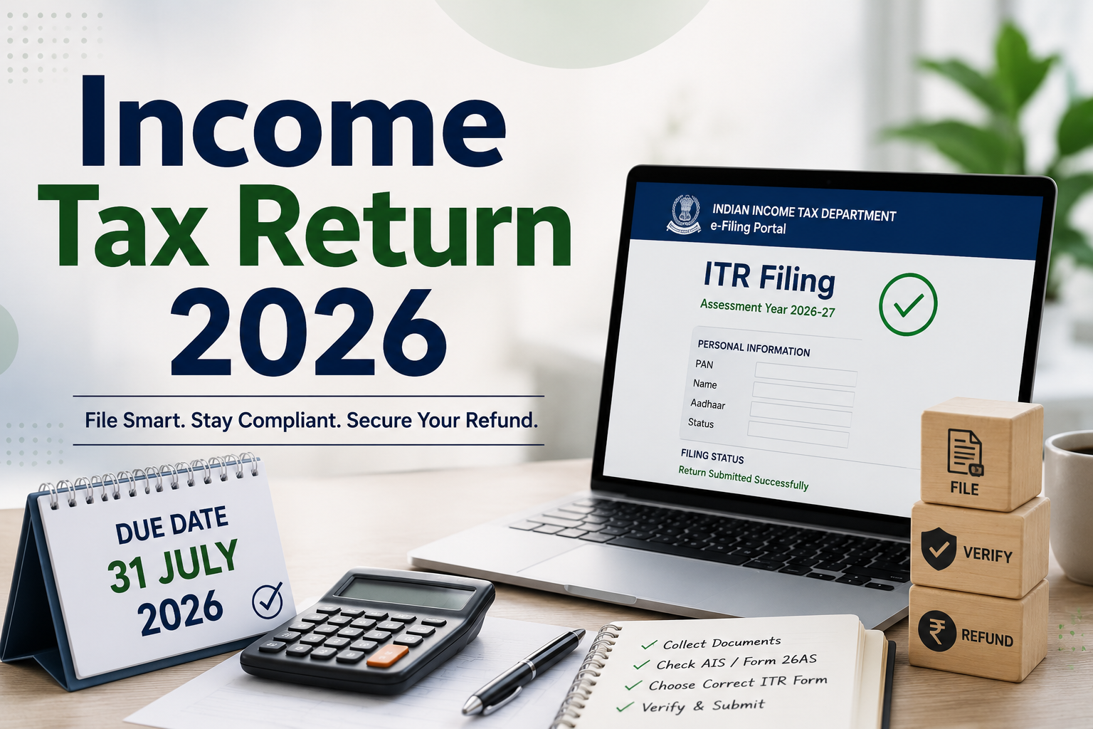 Income Tax Return 2026 guide showing online ITR filing process for Assessment Year 2026-27