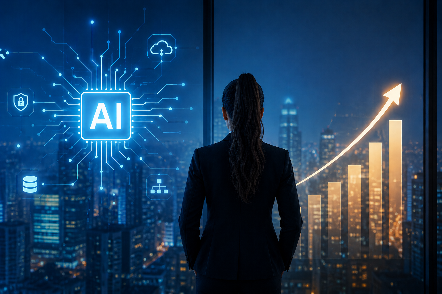 Businesswoman overlooking AI-powered enterprise infrastructure as Enterprise AI adoption accelerates across global businesses