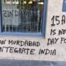 Defaced wall of the Indian Embassy in Ljubljana, Slovenia, with anti-India graffiti