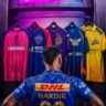 Hardik Pandya looking at Rajasthan Royals, Delhi Capitals, Kolkata Knight Riders, Lucknow Super Giants and Chennai Super Kings jerseys