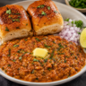 Restaurant-style Pav Bhaji served with butter-toasted pav, chopped onions, lemon and coriander