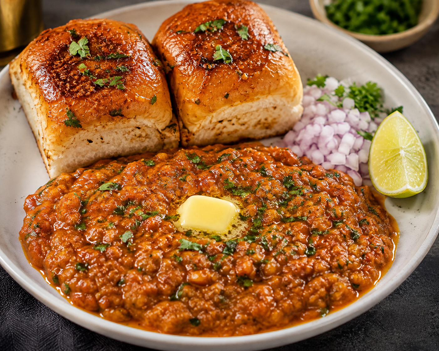 Restaurant-style Pav Bhaji served with butter-toasted pav, chopped onions, lemon and coriander