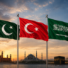 Flags of Pakistan, Türkiye and Saudi Arabia displayed with iconic landmarks representing the three countries ahead of the proposed trilateral defence pact.