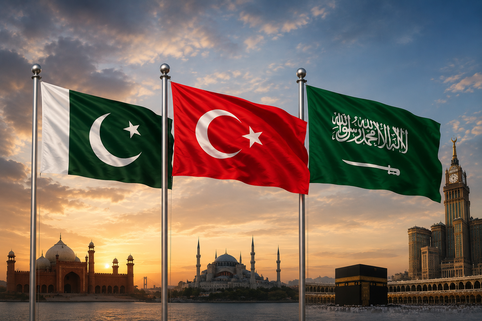 Flags of Pakistan, Türkiye and Saudi Arabia displayed with iconic landmarks representing the three countries ahead of the proposed trilateral defence pact.