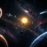 Illustration of planets, a bright star, asteroids and a comet across deep space