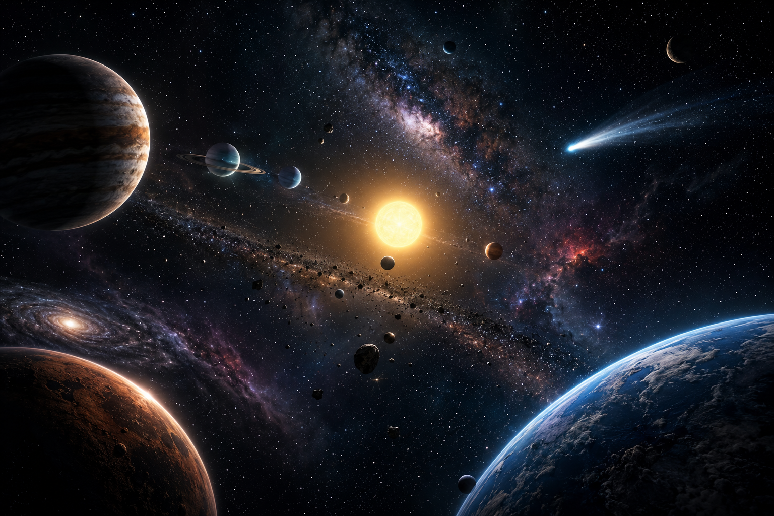 Illustration of planets, a bright star, asteroids and a comet across deep space