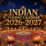 Indian Festival Calendar 2026-2027 featuring Diwali diyas, rangoli, fireworks and traditional Indian festive decorations
