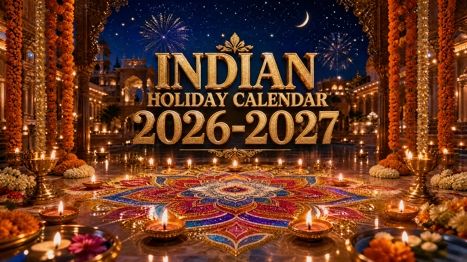 Indian Festival Calendar 2026-2027 featuring Diwali diyas, rangoli, fireworks and traditional Indian festive decorations