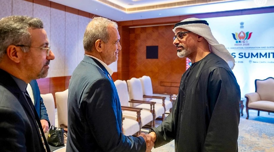 UAE Crown Prince Sheikh Khaled bin Mohamed meets Iranian President Masoud Pezeshkian at the BRICS Summit in New Delhi
