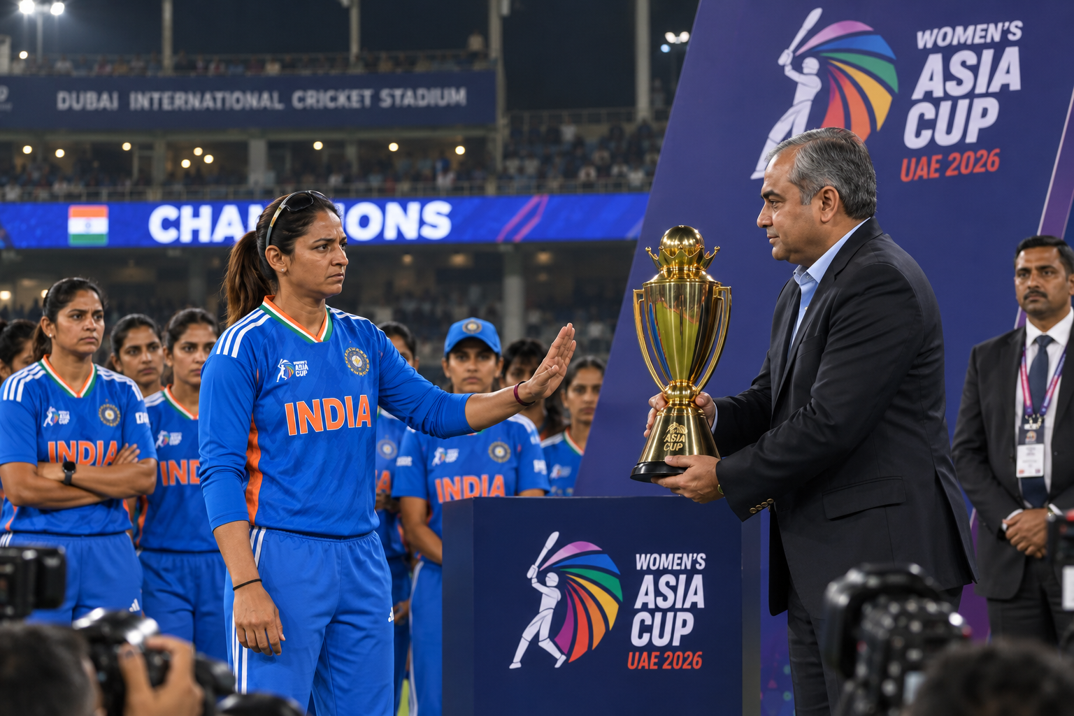 Indian women’s cricket team refusing the Asia Cup trophy during a tense presentation ceremony in Dubai
