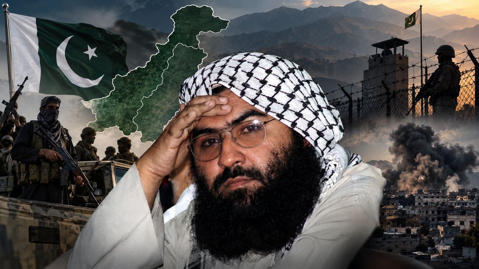 Masood Azhar and Pakistan terrorism crisis with militants, Pakistan flag and smoke-filled city