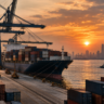 Cargo ship and containers at an international port representing India’s global trade