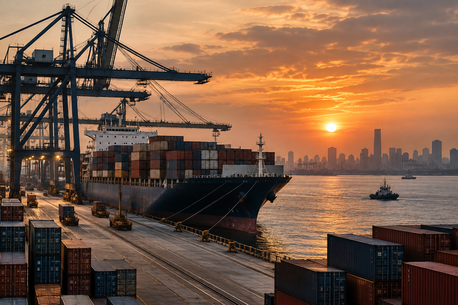 Cargo ship and containers at an international port representing India’s global trade
