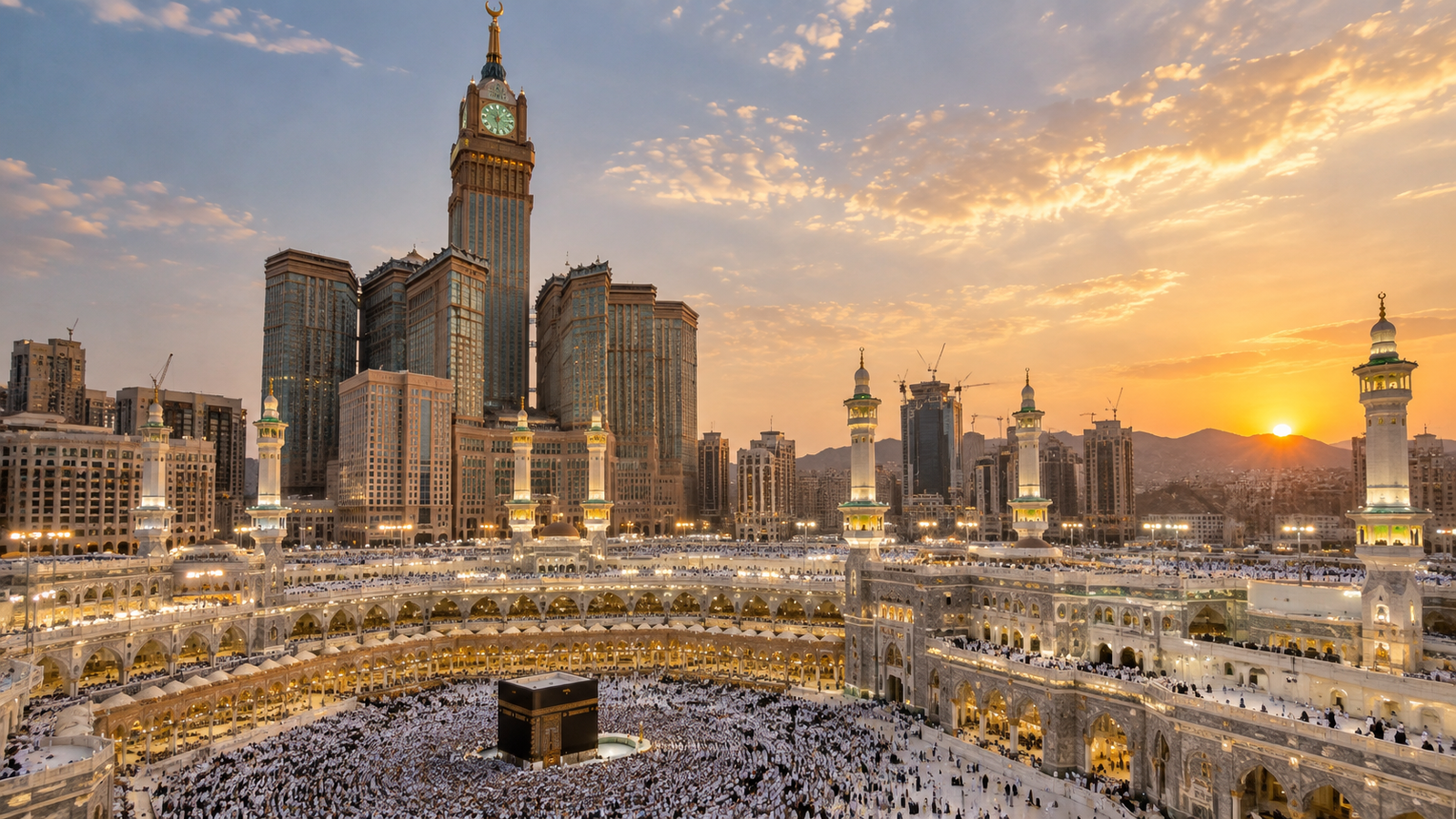 Mecca Grand Mosque with Kaaba and Abraj Al Bait Clock Tower at sunset