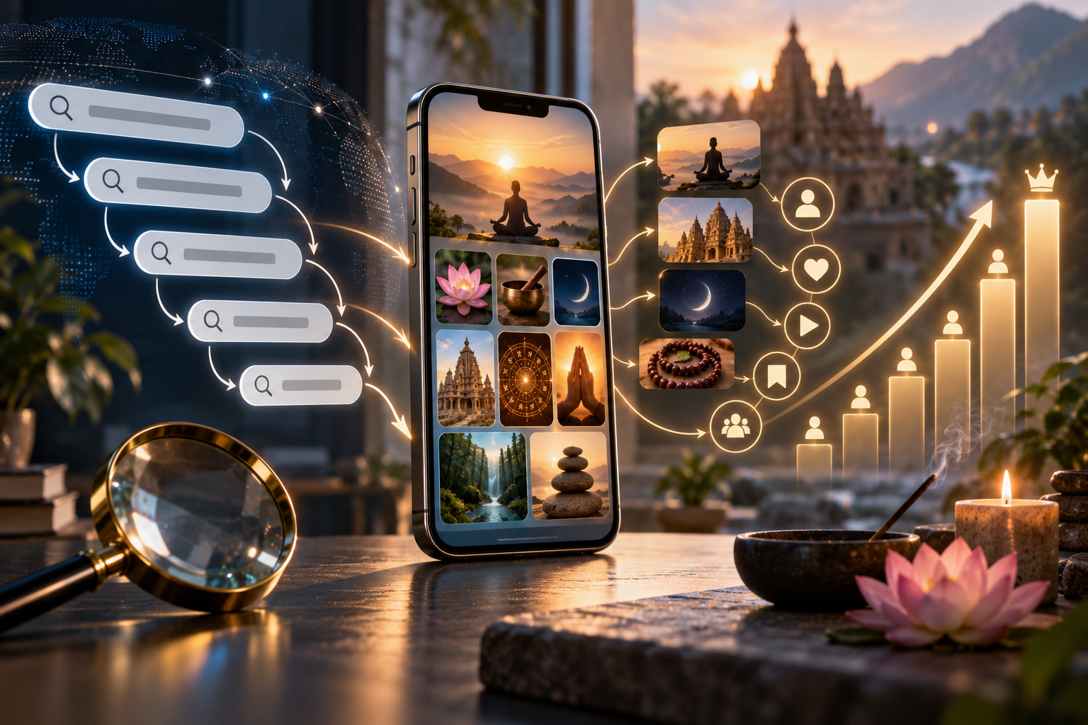 Search behavior showing spiritual app search, personalized content, user engagement, and app growth