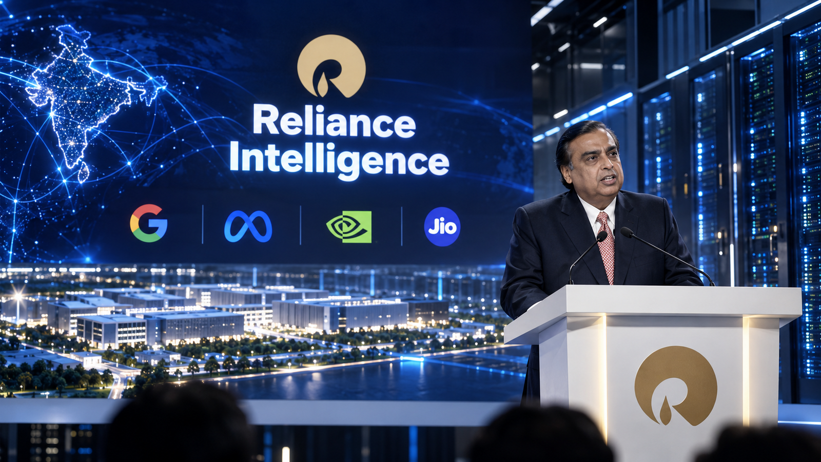 Reliance Intelligence AI infrastructure with Mukesh Ambani and technology partners