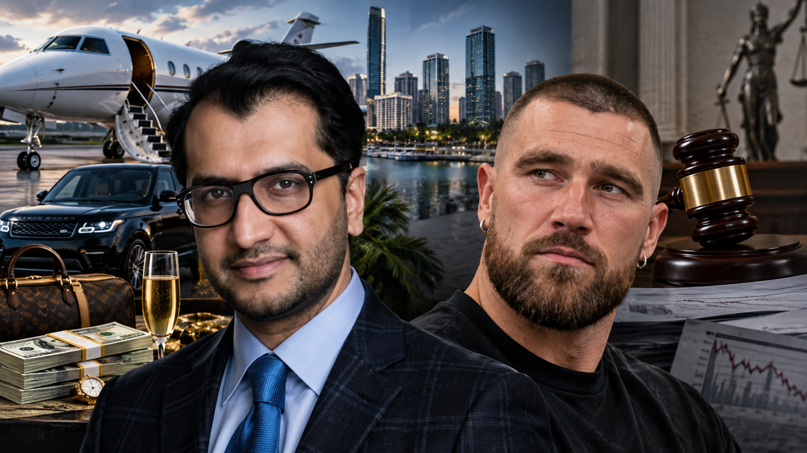 Composite image showing two men linked to a multimillion-dollar investment fraud case, with a private jet, luxury assets and courtroom imagery in the background