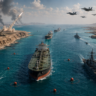 Strait of Hormuz with oil tanker, warships and military aircraft