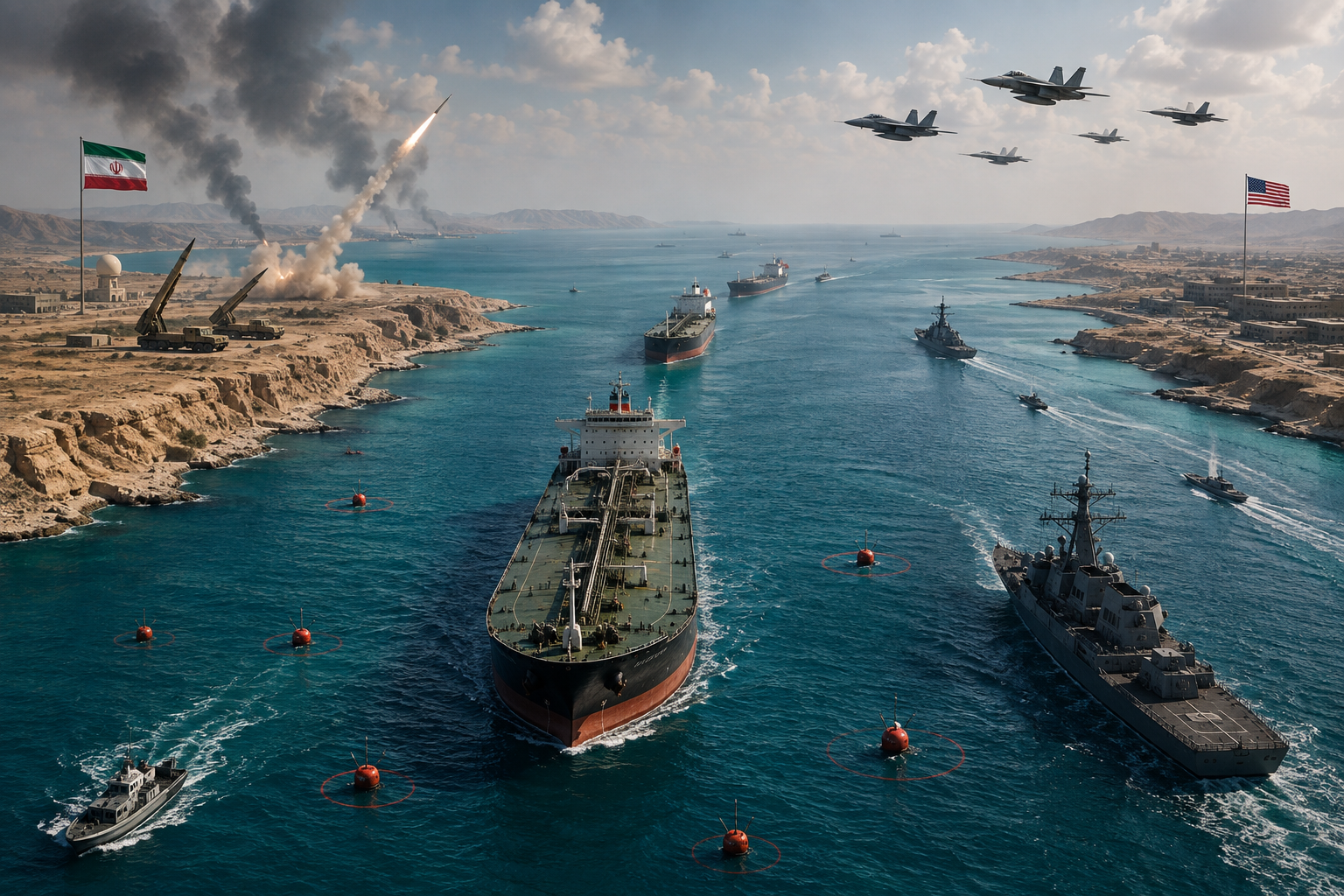 Strait of Hormuz with oil tanker, warships and military aircraft