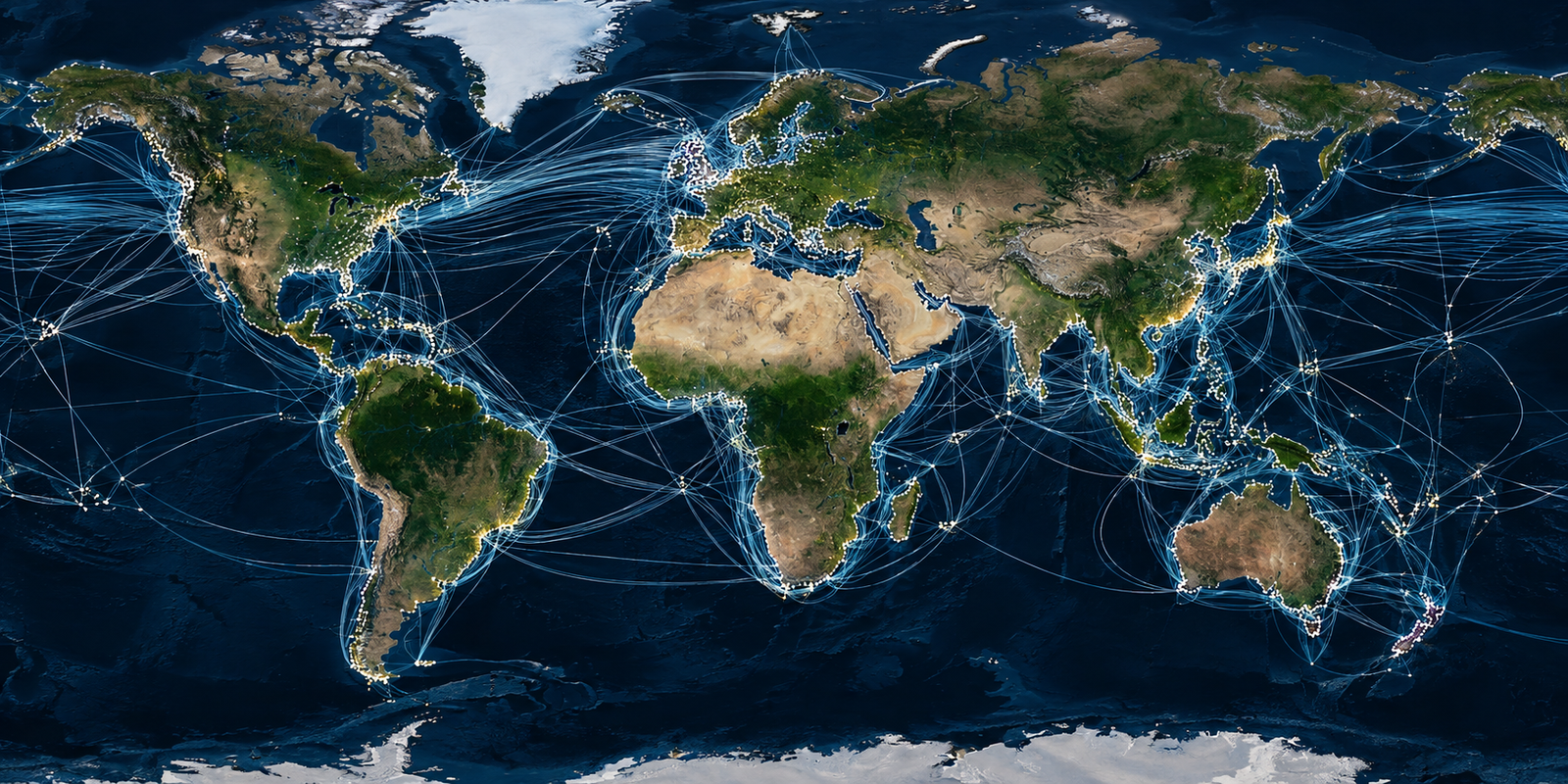 Global network of undersea fiber-optic cables connecting continents