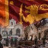 Sri Lankan soldiers inspect a bomb-damaged church following the Easter Sunday bombings