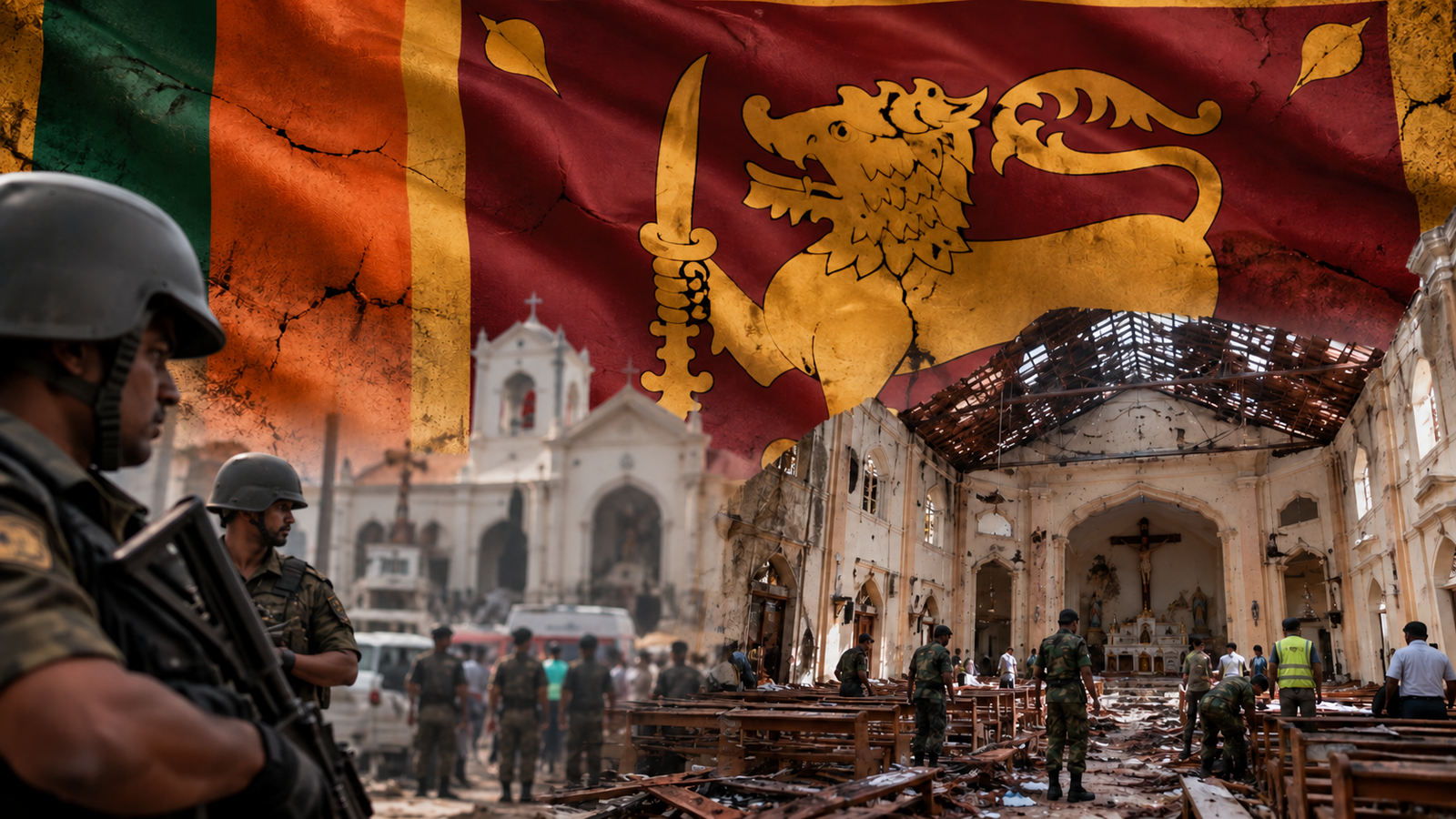 Sri Lankan soldiers inspect a bomb-damaged church following the Easter Sunday bombings