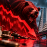Indian stock market crash with falling stocks, rupee coins and a bear