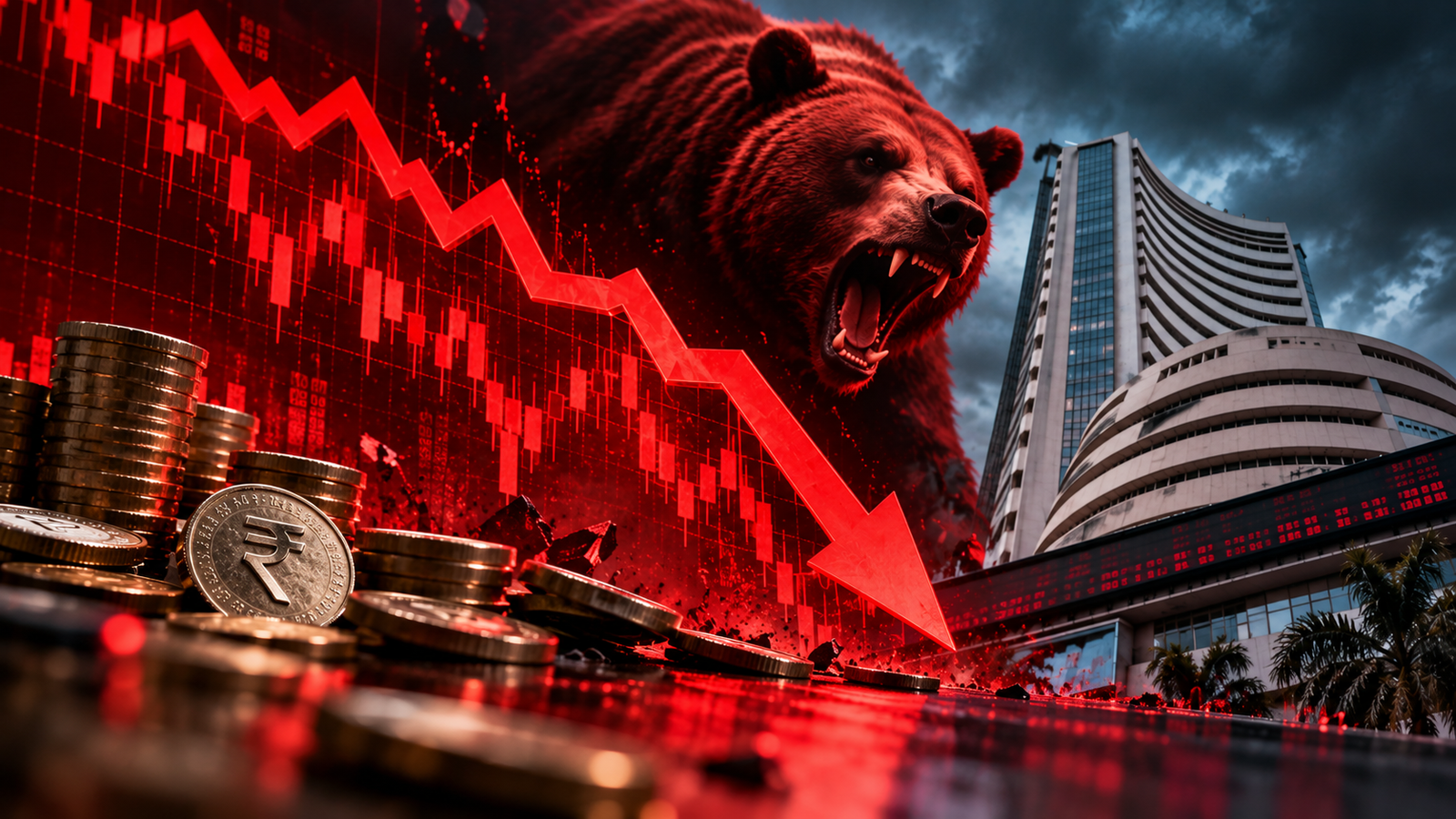 Indian stock market crash with falling stocks, rupee coins and a bear