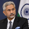 S Jaishankar speaks at a press briefing with the Indian flag in the background