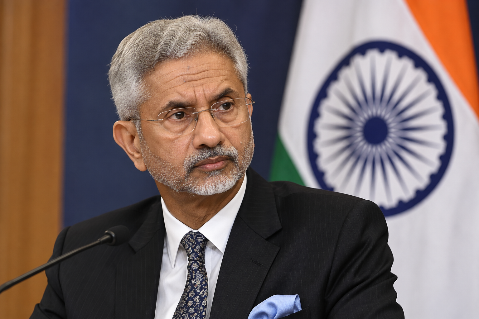 S Jaishankar speaks at a press briefing with the Indian flag in the background