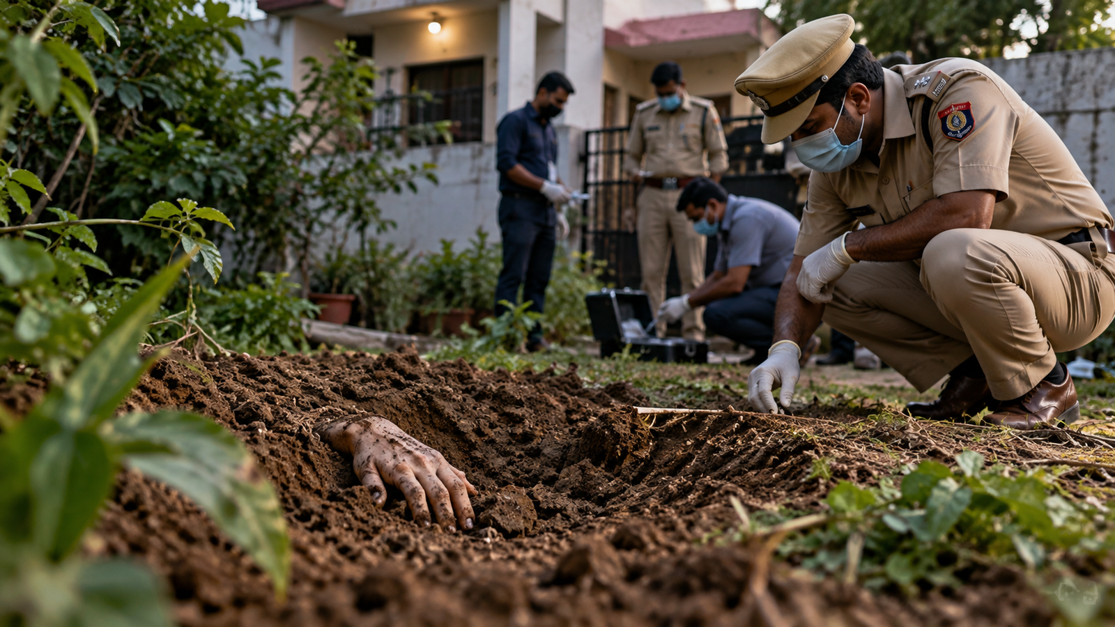 Police investigate a garden where a woman was found buried in Jaipur