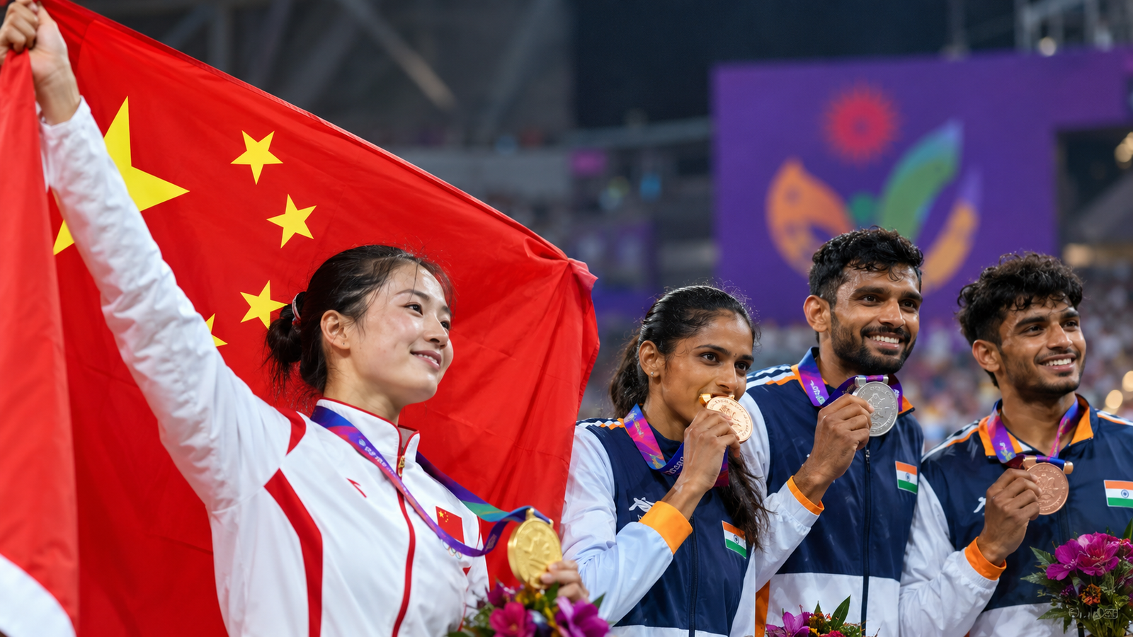 Asian Games 2026 medal race showing Chinese and Indian athletes celebrating with medals