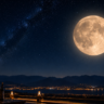September full moon glowing over a dark mountain landscape